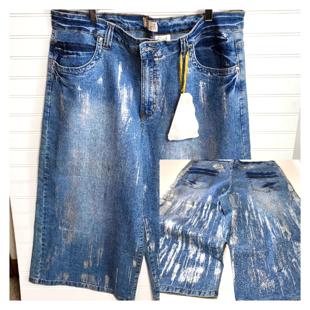 Crest foiled Cropped Wide Leg Blue Jeans 19/20 Denim Jorts Trendy